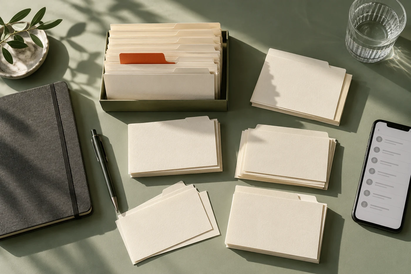 Organized contact cards, a notebook and a phone on a sage desk