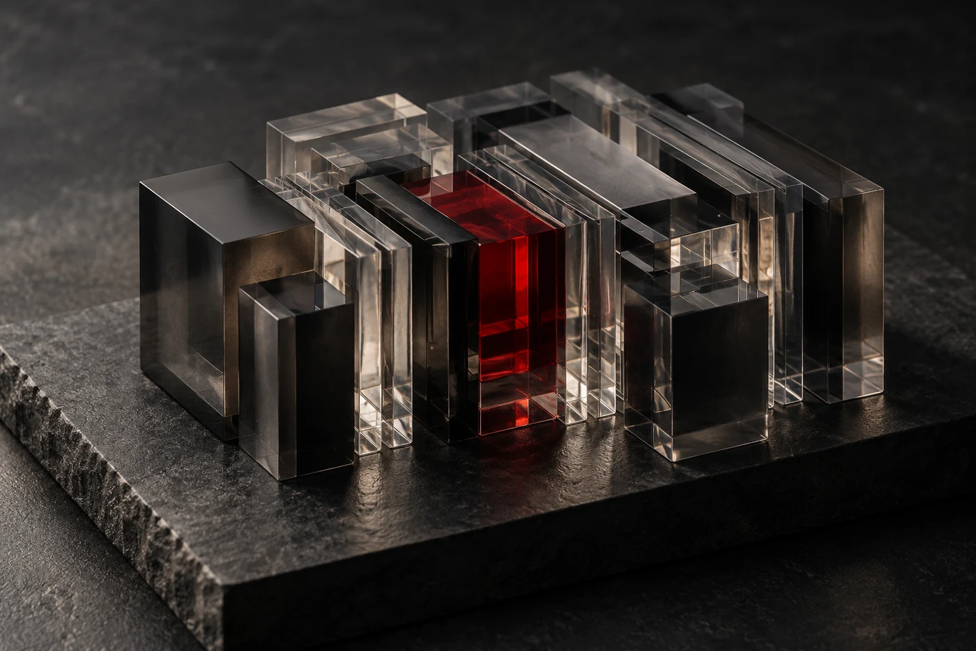 A sculptural archive of translucent blocks with a red glass core