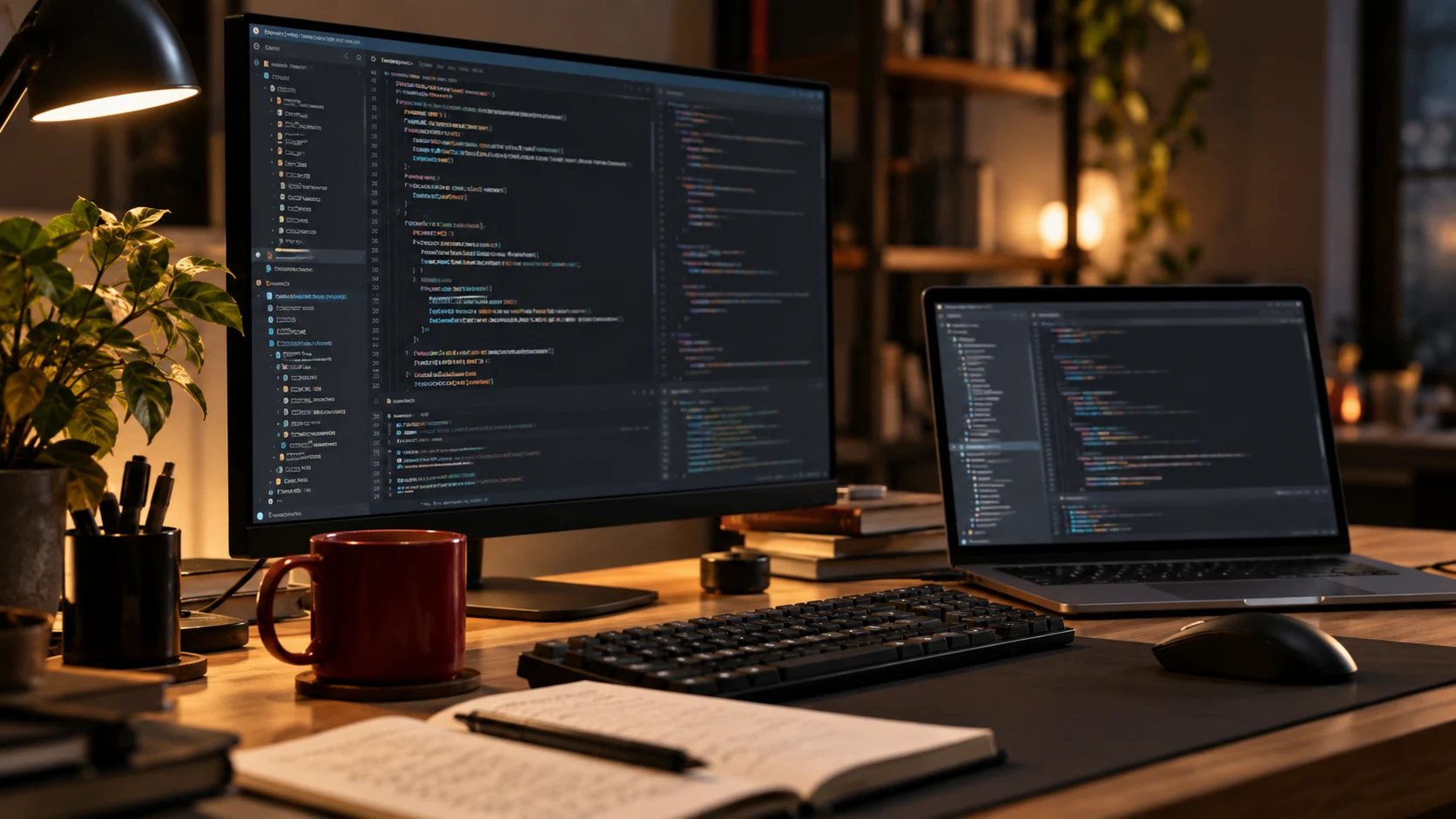 A software engineering workspace with a laptop and code on the monitor